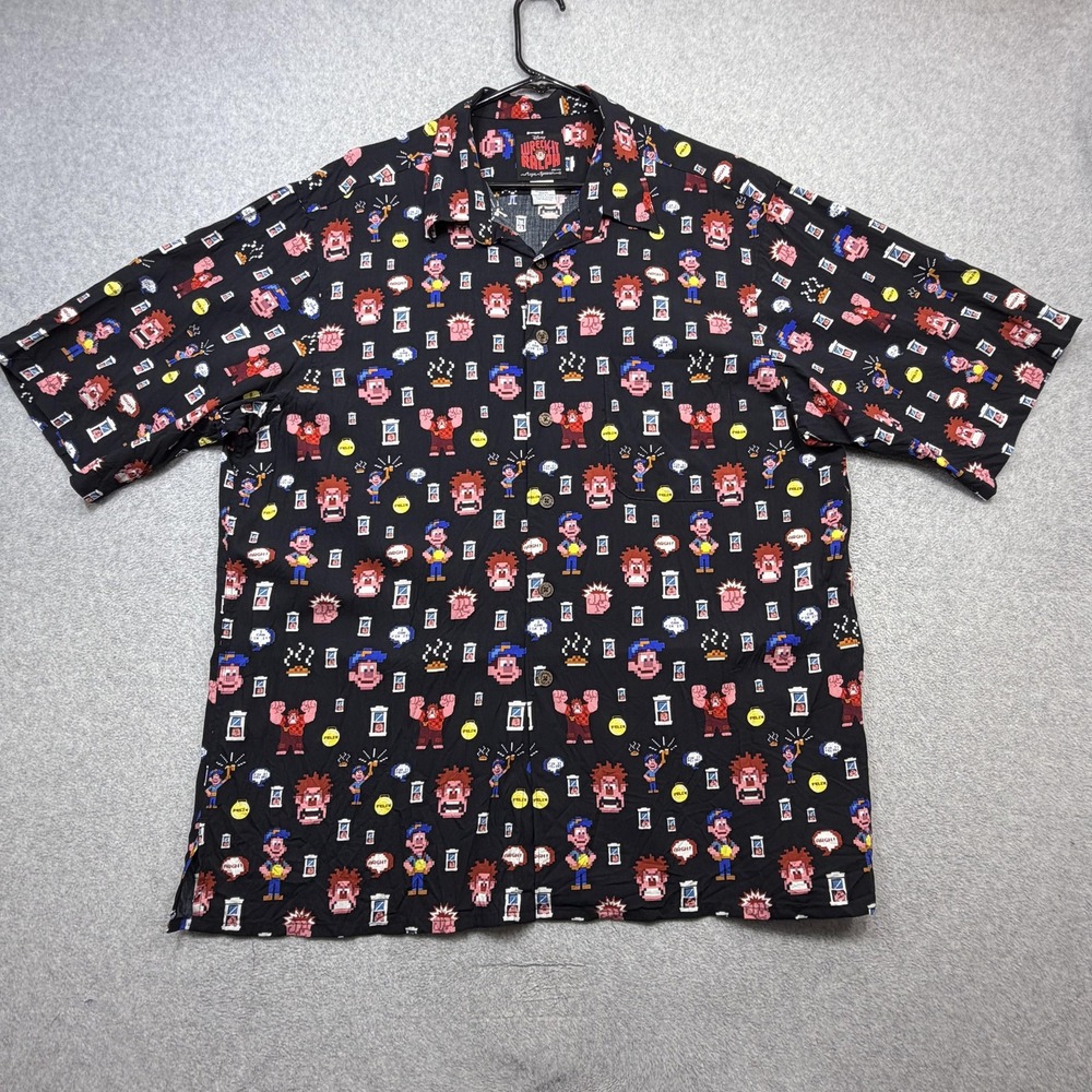 Reyn Spooner Shirt Mens XL Black Short Sleeve Button Front Wreck-It Ralph Disney